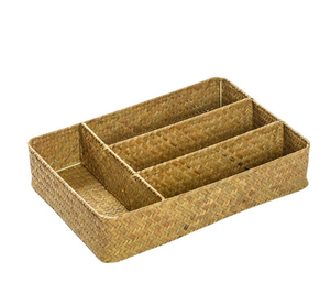Handmade Four Grid Storage Box with Natural Seaweed Weaving