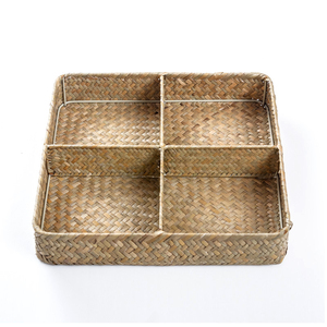 Hand woven square four grid storage box made of natural seaweed